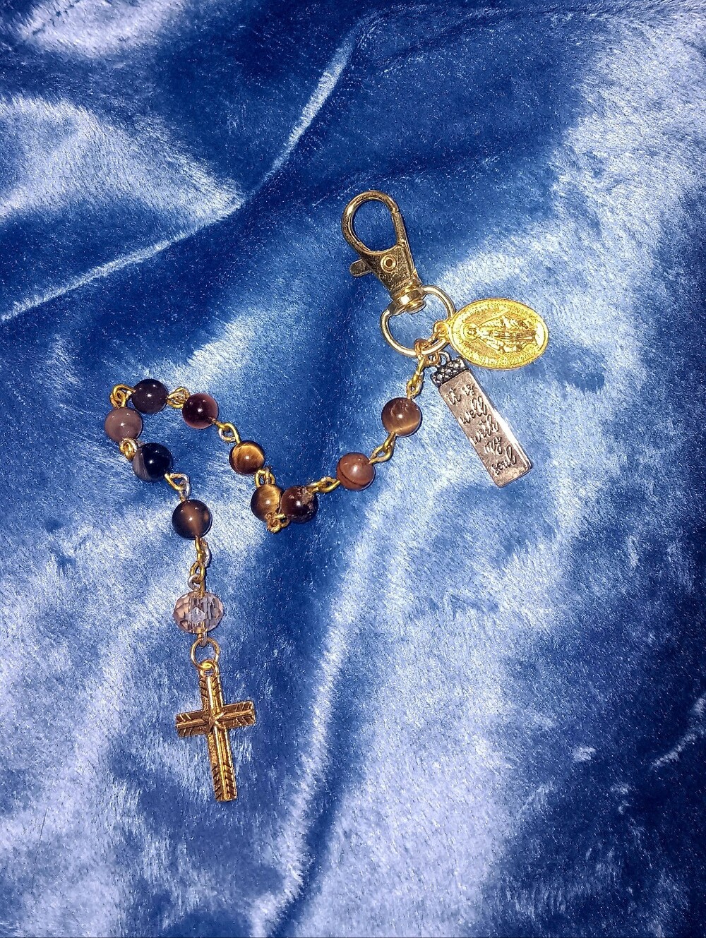 Gold-Tone Pocket Rosary Keychain with Tigers Eye Beads